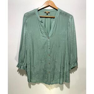 Democracy bohemian popover shirt embroidered cottage comfy muted green women XL